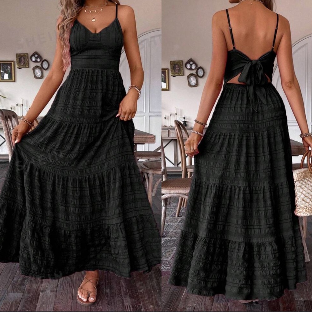 Boho white textured cutout tie back spaghetti straps maxi dress - Picture 2 of 7